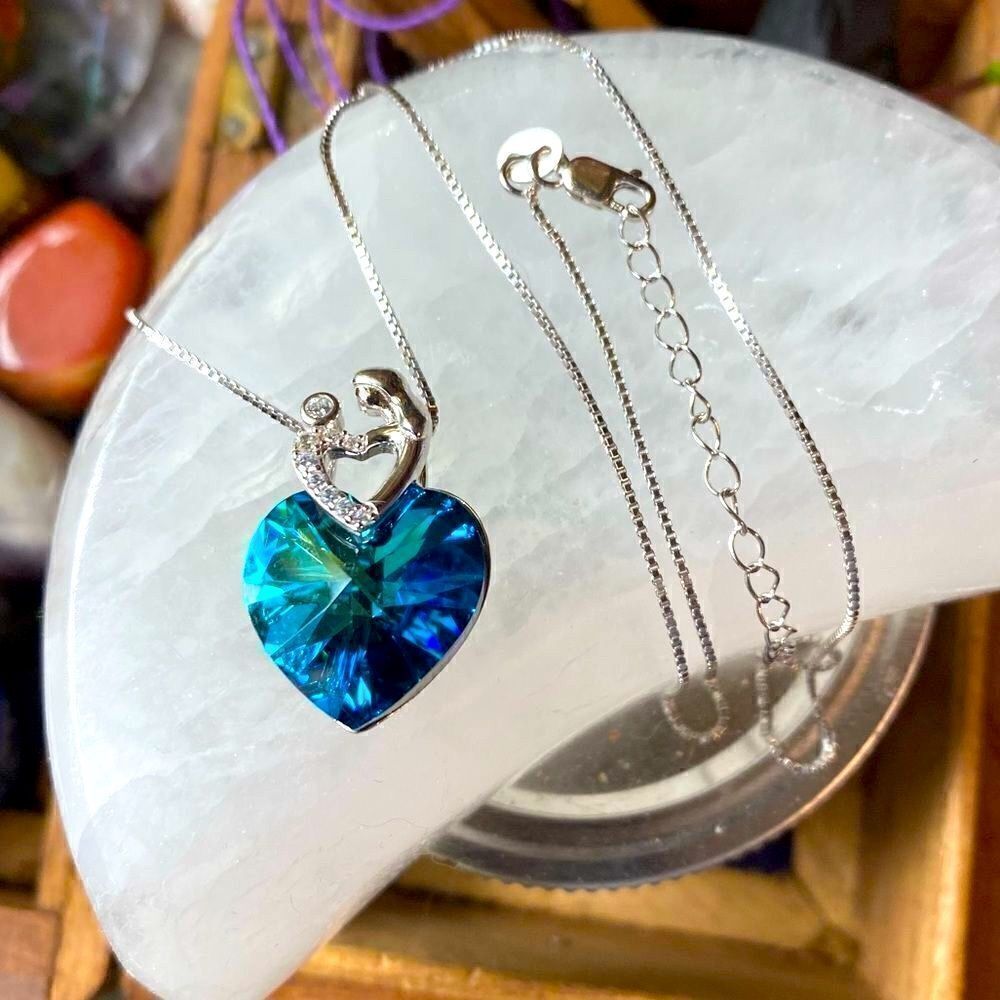 Mother Child Heart of the Ocean Crystal Sterling Silver Necklace